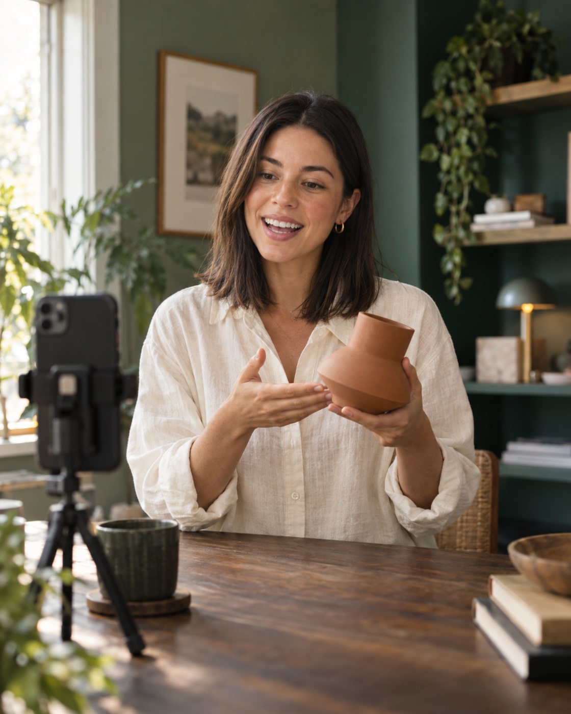 A creator recording a ceramic home accessory recommendation in a green home studio